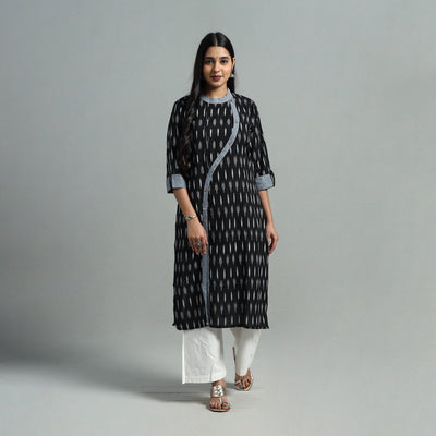 Black - Angrakha Cotton Straight Pochampally Ikat Kurta 09