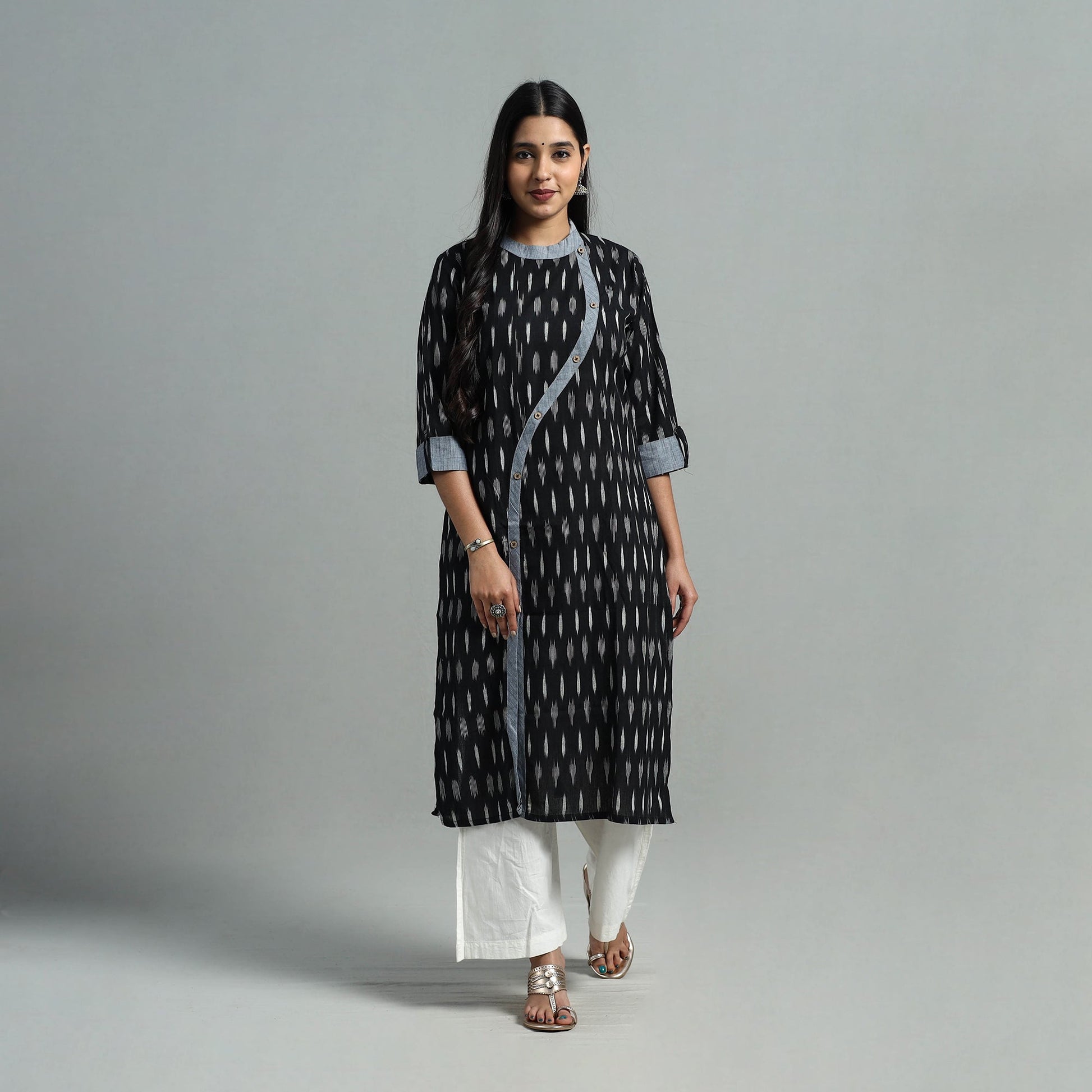 Black - Angrakha Cotton Straight Pochampally Ikat Kurta 09