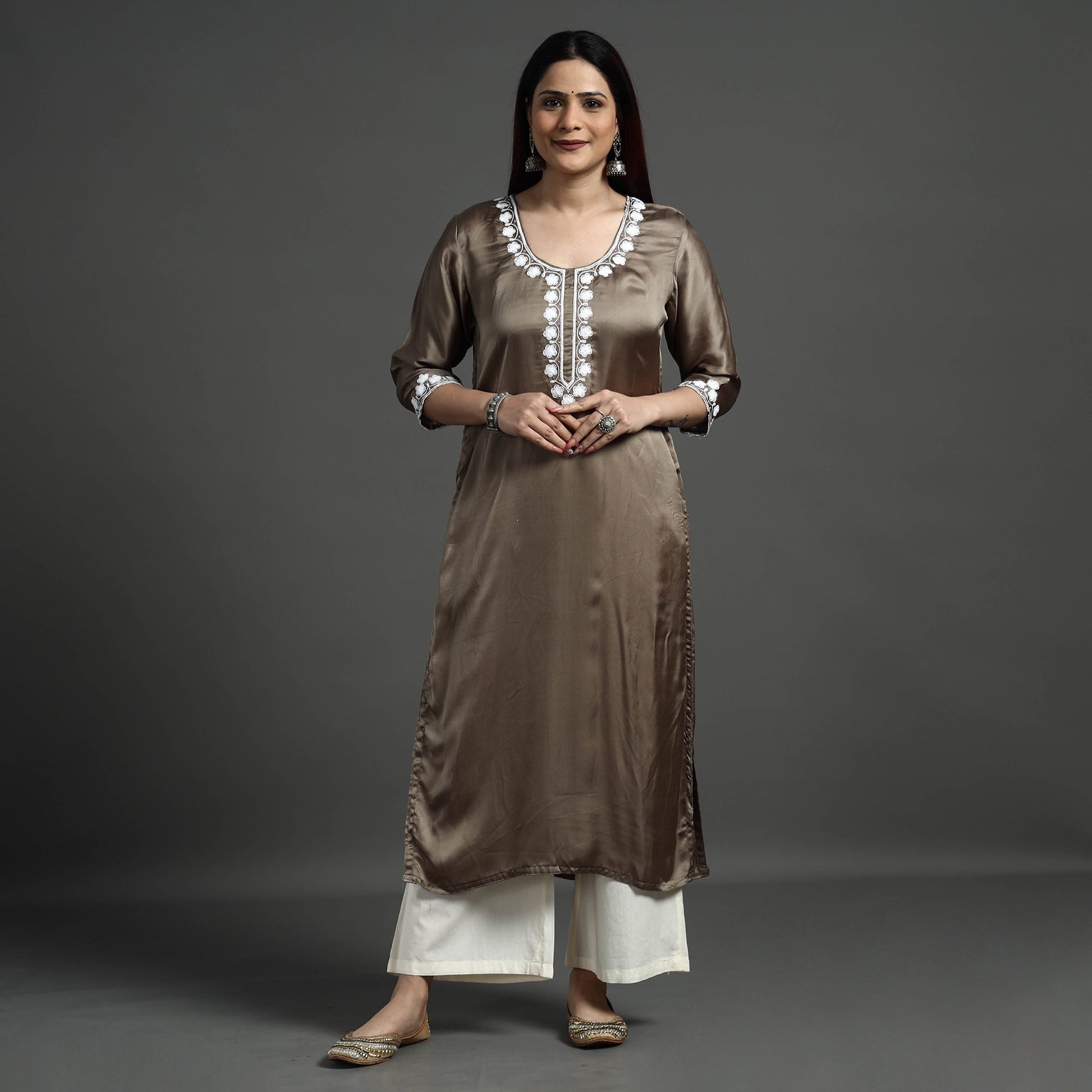 Brown - Modal Silk Noori Hand Embroidery Long Straight Kurta