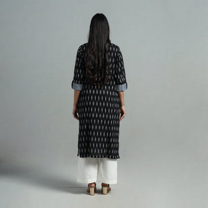 Black - Angrakha Cotton Straight Pochampally Ikat Kurta 09