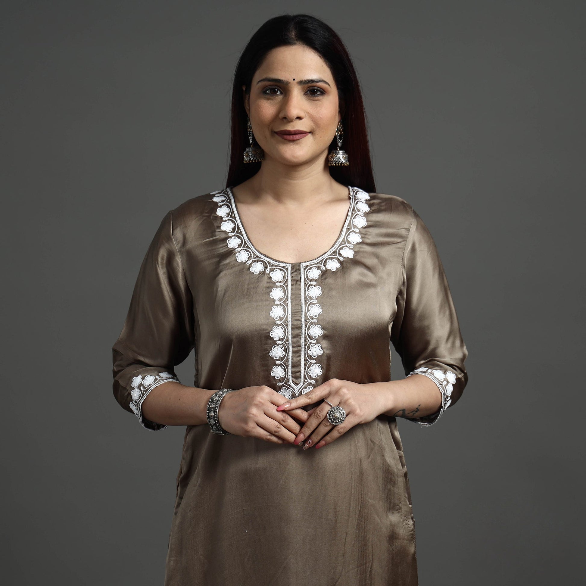 Brown - Modal Silk Noori Hand Embroidery Long Straight Kurta