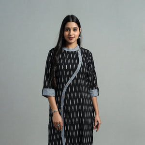 Black - Angrakha Cotton Straight Pochampally Ikat Kurta 09