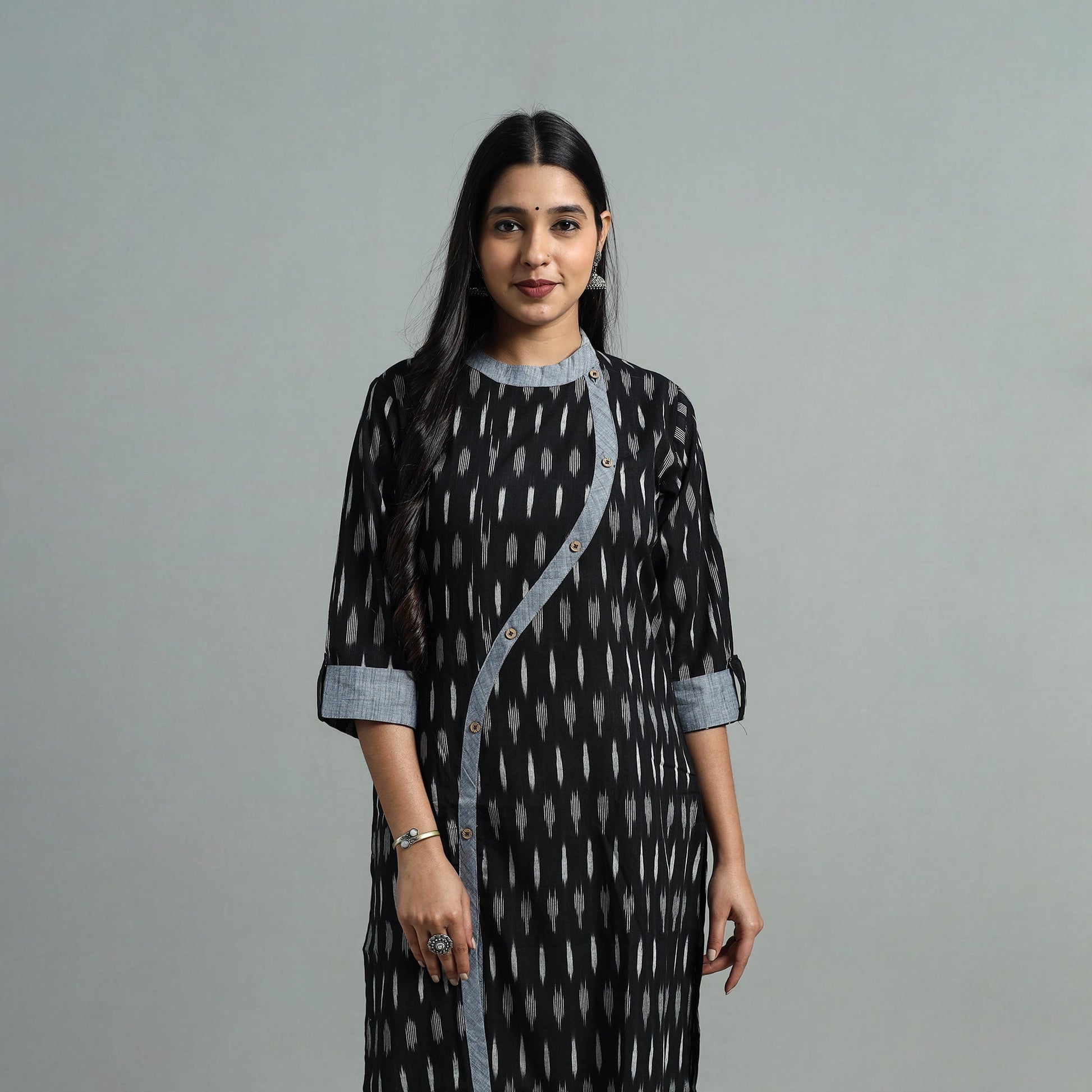 Black - Angrakha Cotton Straight Pochampally Ikat Kurta 09