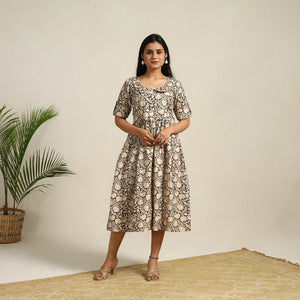 Beige - Pedana Block Print Cotton Flared Kalamkari Dress 09