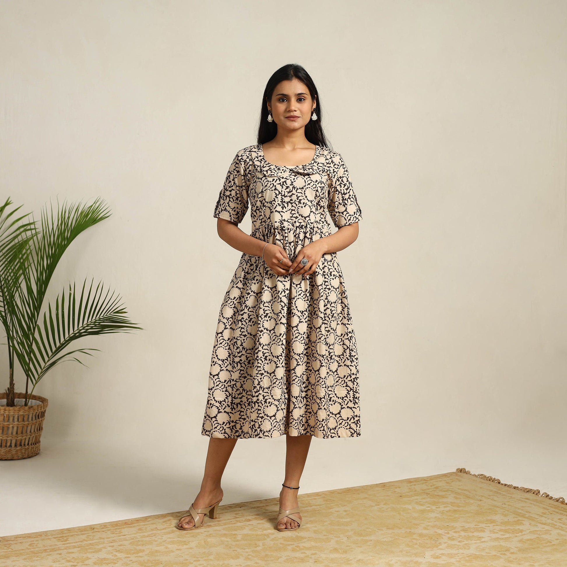 Beige - Pedana Block Print Cotton Flared Kalamkari Dress 09