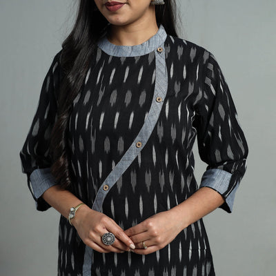 Black - Angrakha Cotton Straight Pochampally Ikat Kurta 09