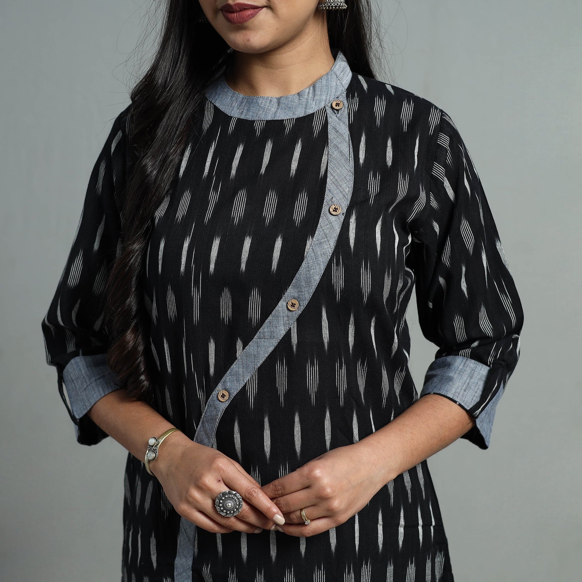Black - Angrakha Cotton Straight Pochampally Ikat Kurta 09