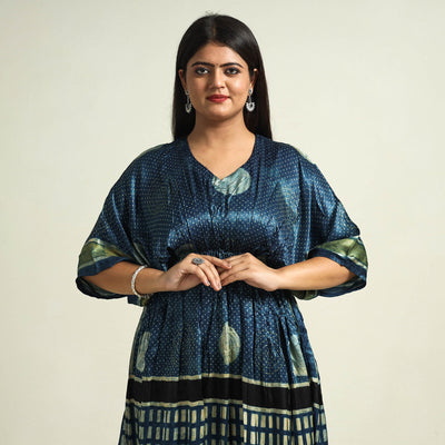 Blue - Ajrakh Block Printed Modal Silk Kaftan with Elasticated Waist & Zari Border (Medium)