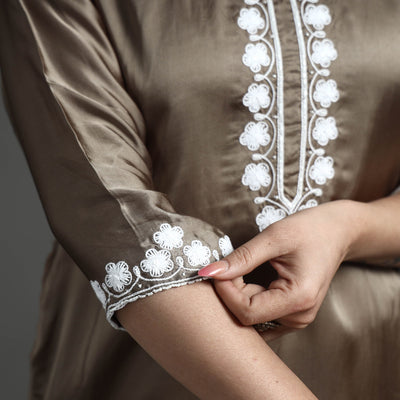 Brown - Modal Silk Noori Hand Embroidery Long Straight Kurta