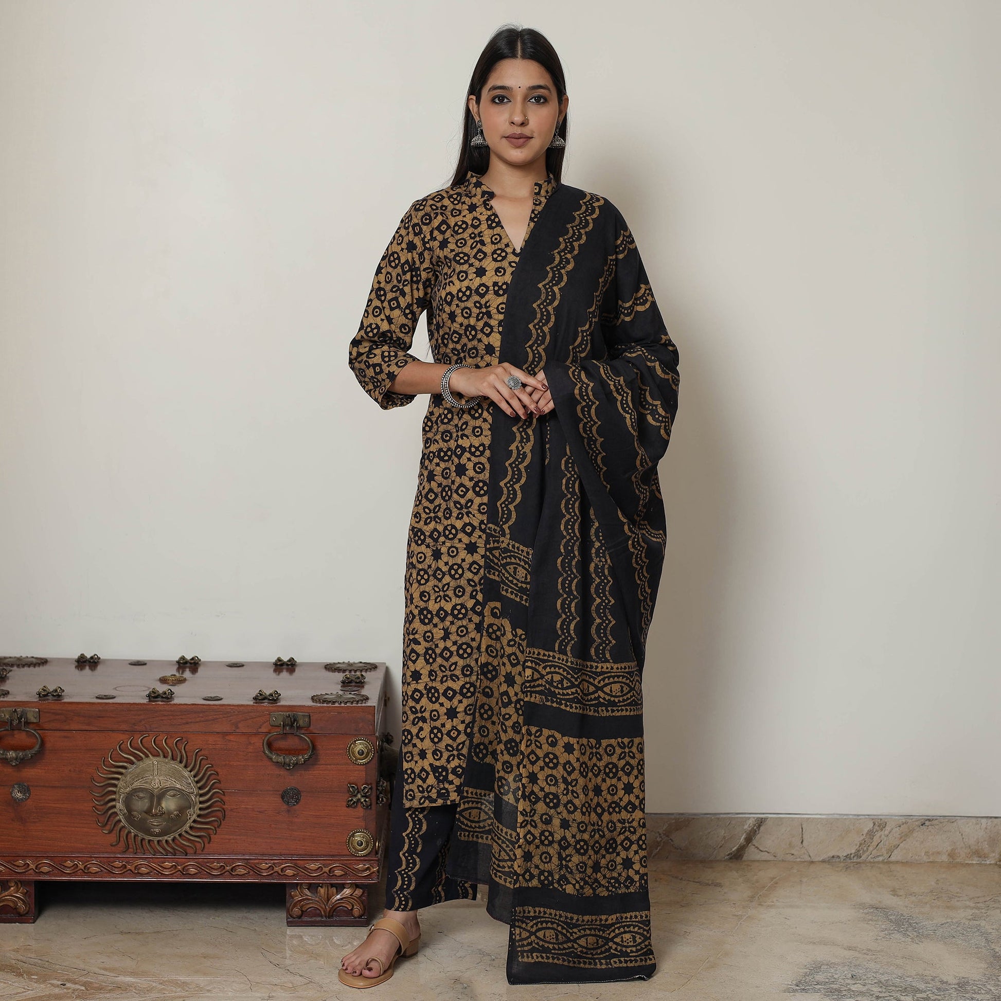 Brown - Hand Batik Printed Cotton Kurta with Palazzo & Dupatta Set 12