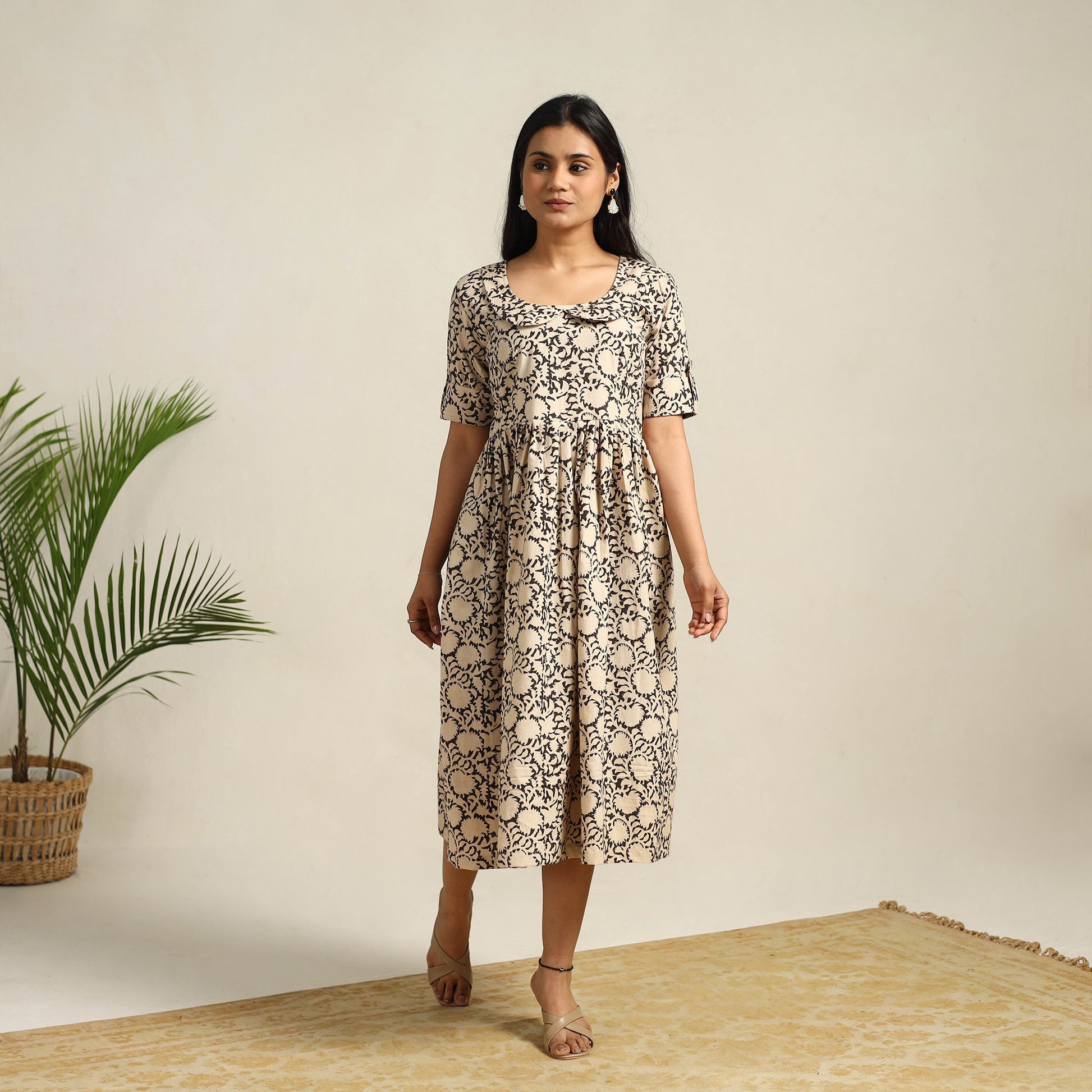 Beige - Pedana Block Print Cotton Flared Kalamkari Dress 09