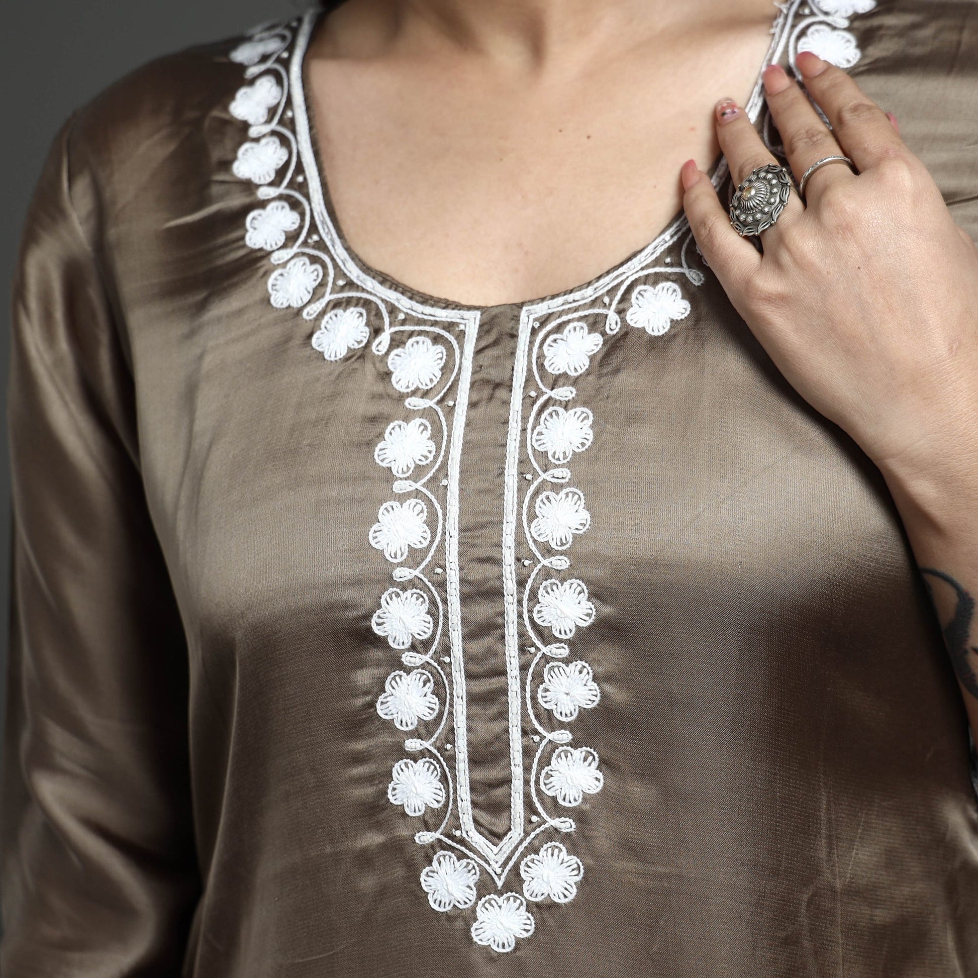 Brown - Modal Silk Noori Hand Embroidery Long Straight Kurta