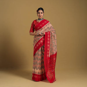 Beige - Telia Rumal Handloom Cotton Pochampally Double Ikat Saree 05