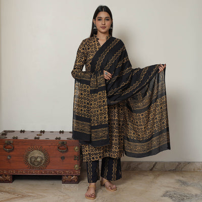 Brown - Hand Batik Printed Cotton Kurta with Palazzo & Dupatta Set 12