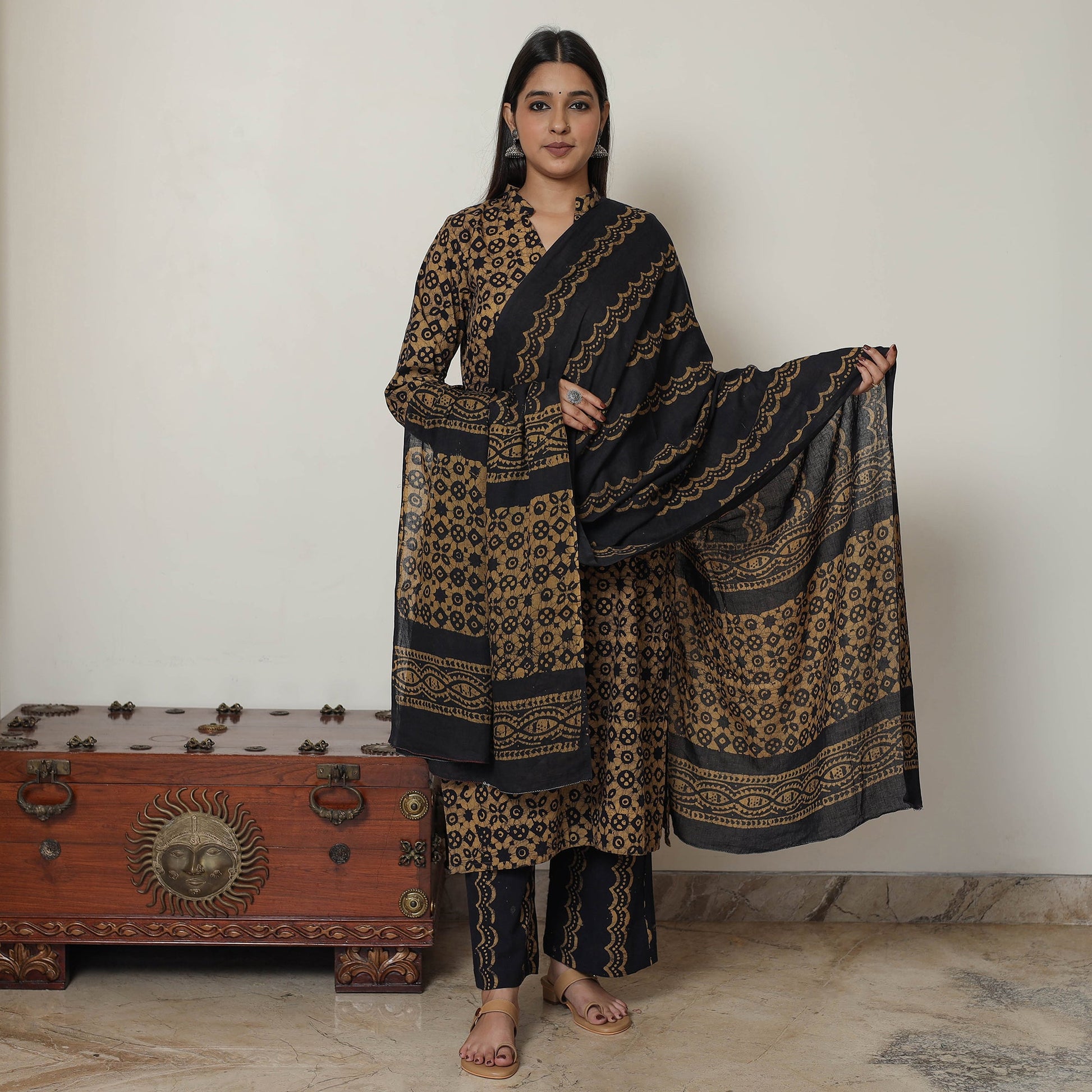 Brown - Hand Batik Printed Cotton Kurta with Palazzo & Dupatta Set 12