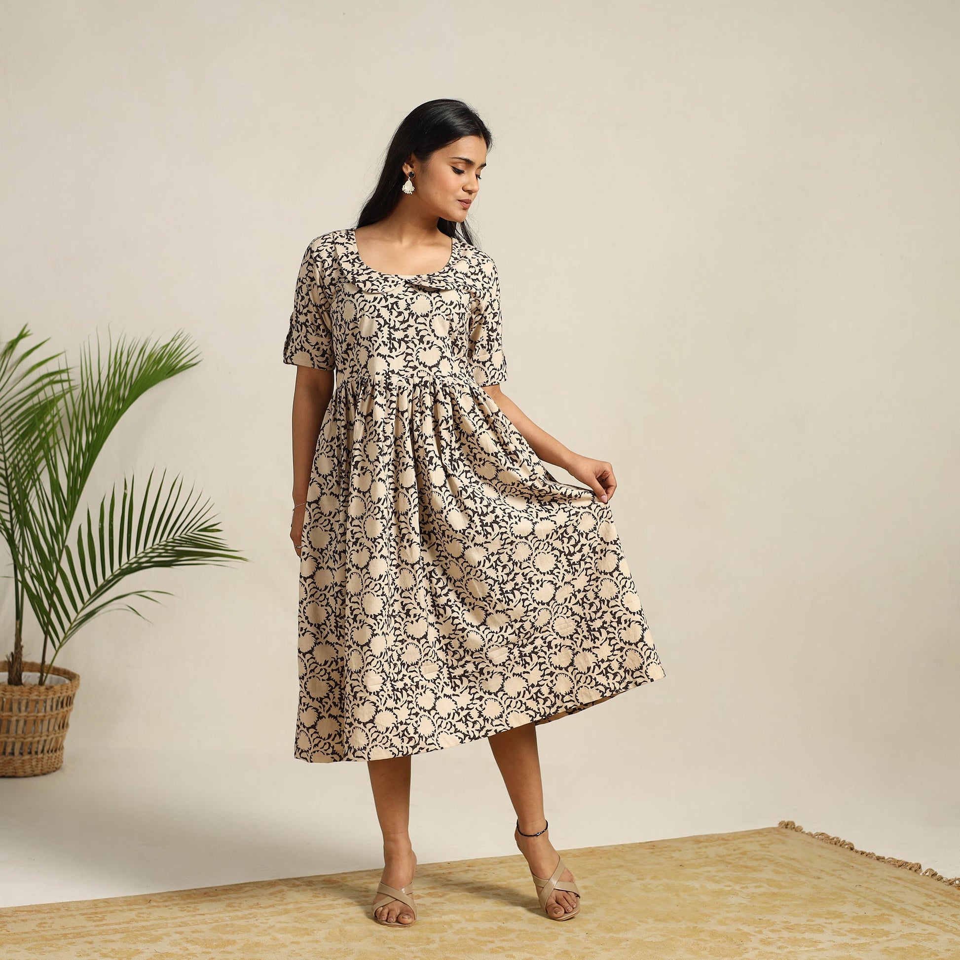 Beige - Pedana Block Print Cotton Flared Kalamkari Dress 09
