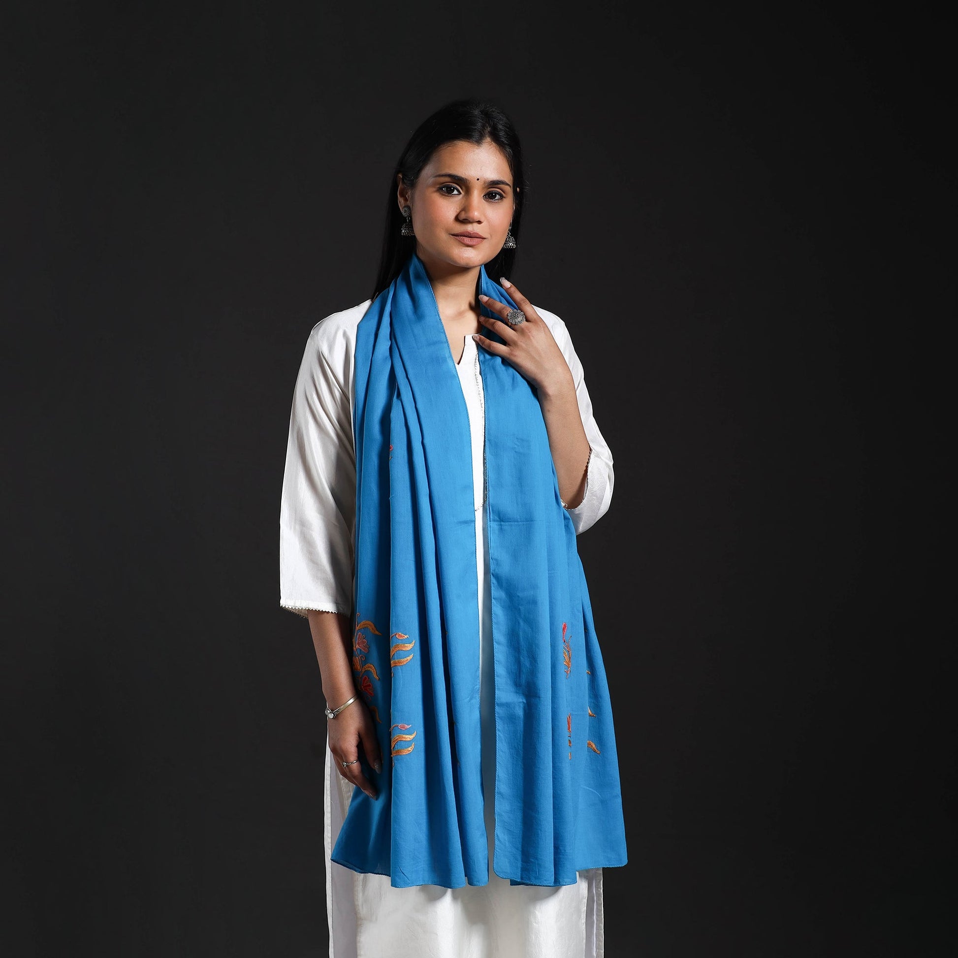 Blue - Cotton Kashida Embroidery Stole 06