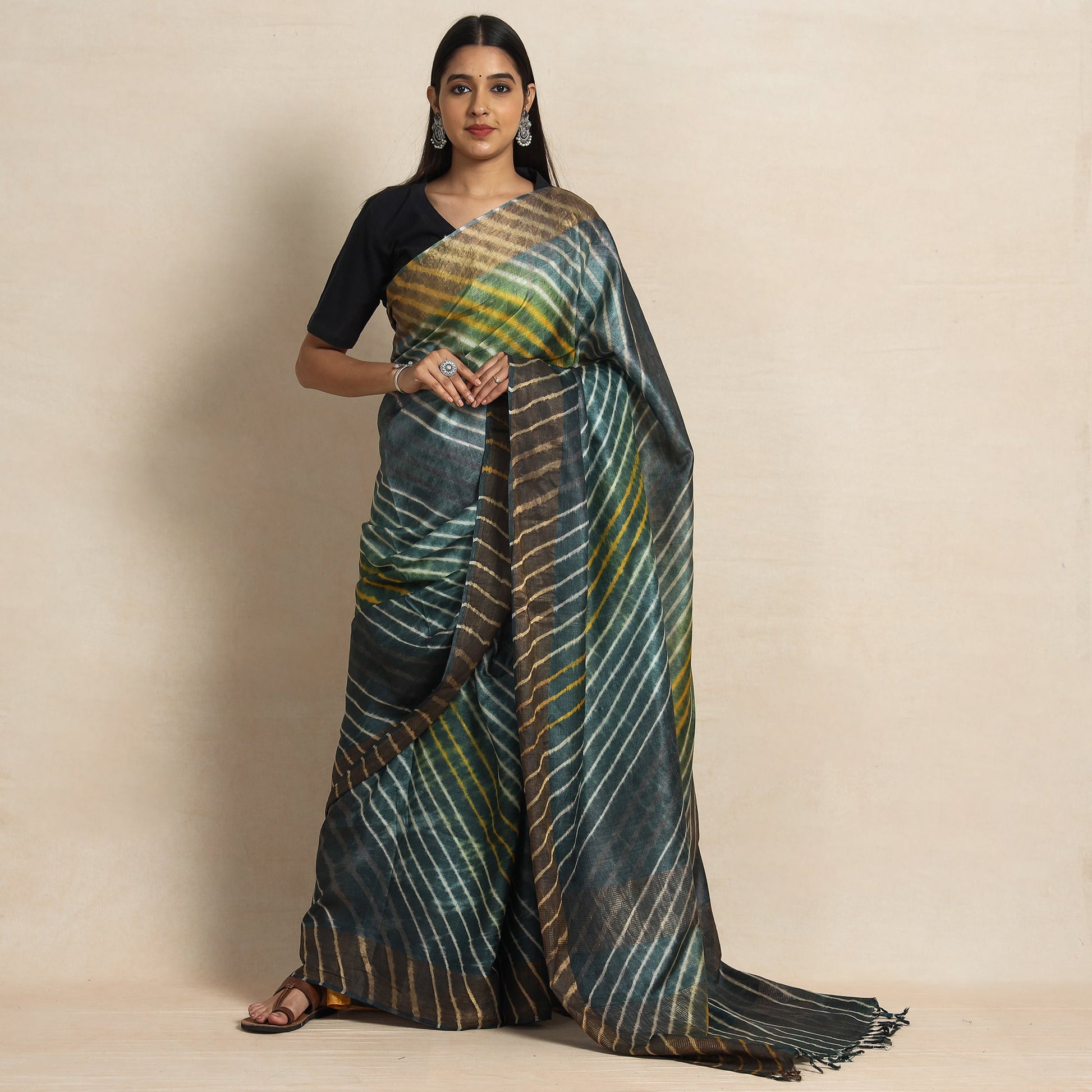 Black - Leheriya Tie-Dye Tussar Silk Handloom Saree