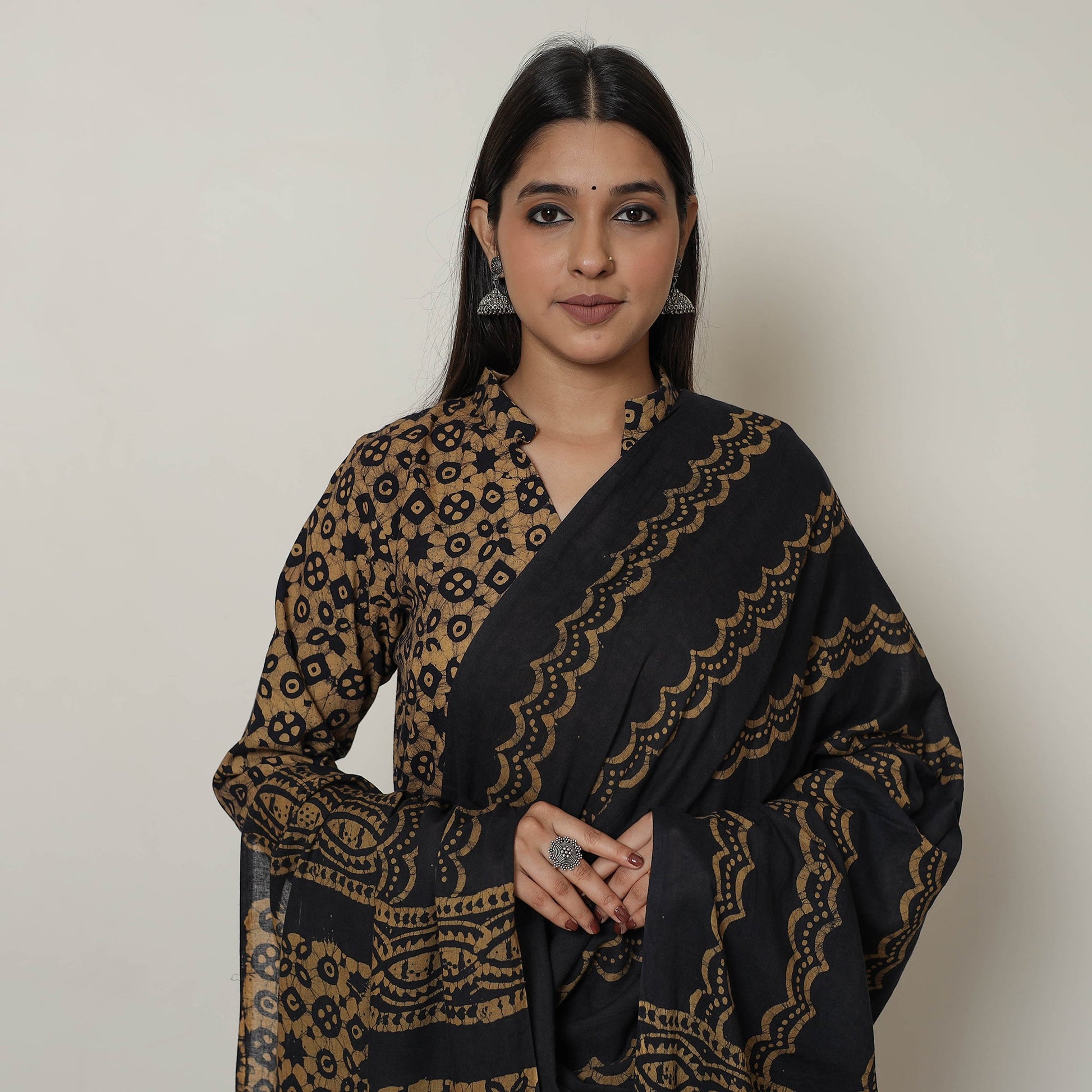 Brown - Hand Batik Printed Cotton Kurta with Palazzo & Dupatta Set 12