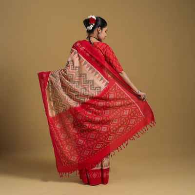 Beige - Telia Rumal Handloom Cotton Pochampally Double Ikat Saree 05