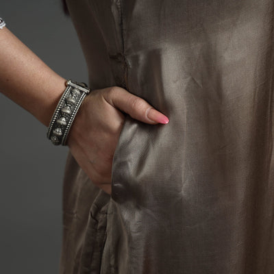 Brown - Modal Silk Noori Hand Embroidery Long Straight Kurta