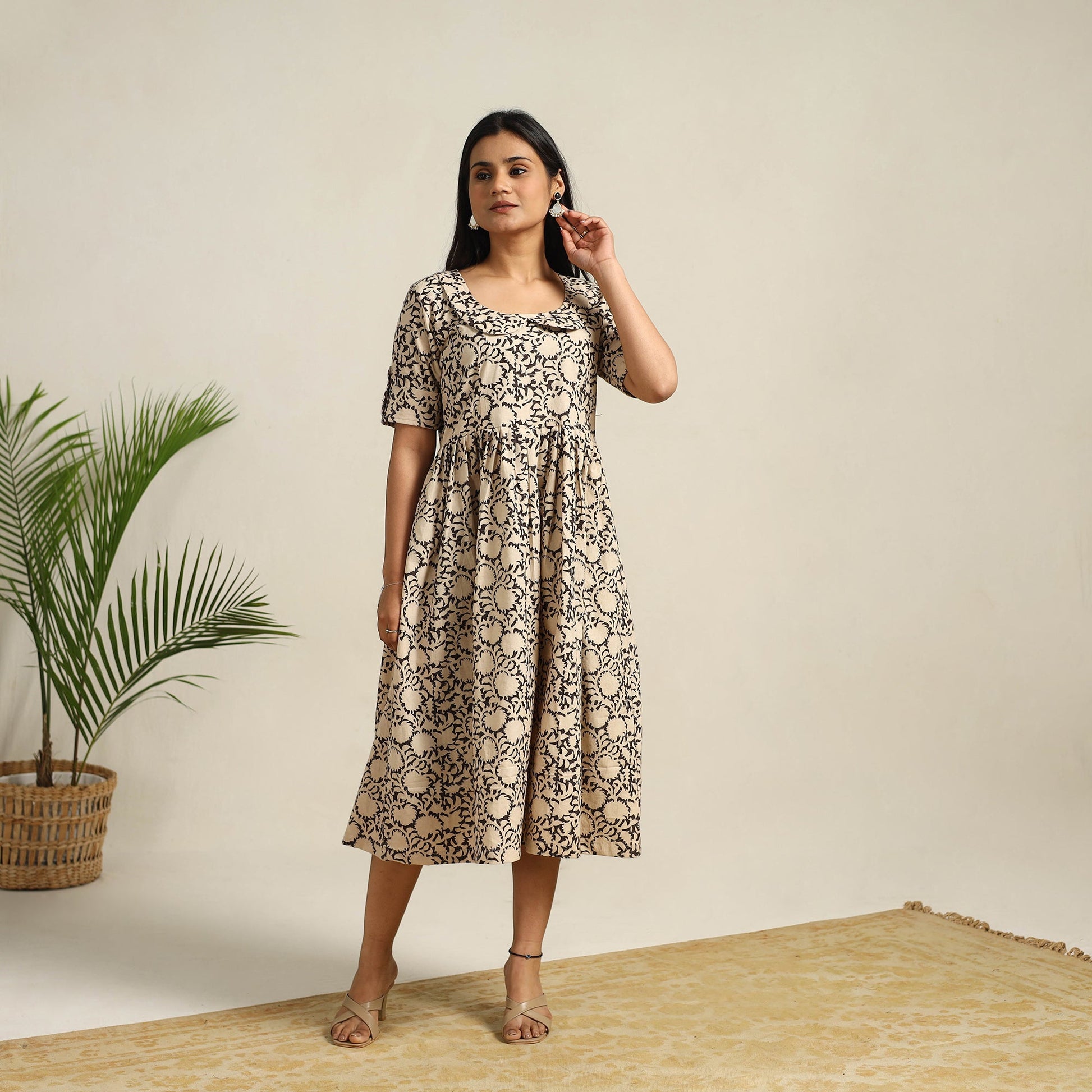 Beige - Pedana Block Print Cotton Flared Kalamkari Dress 09