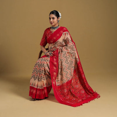 Beige - Telia Rumal Handloom Cotton Pochampally Double Ikat Saree 05