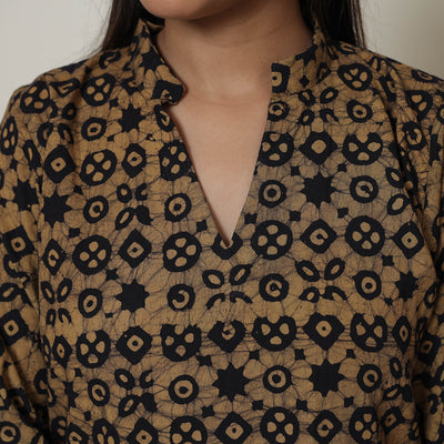 Brown - Hand Batik Printed Cotton Kurta with Palazzo & Dupatta Set 12