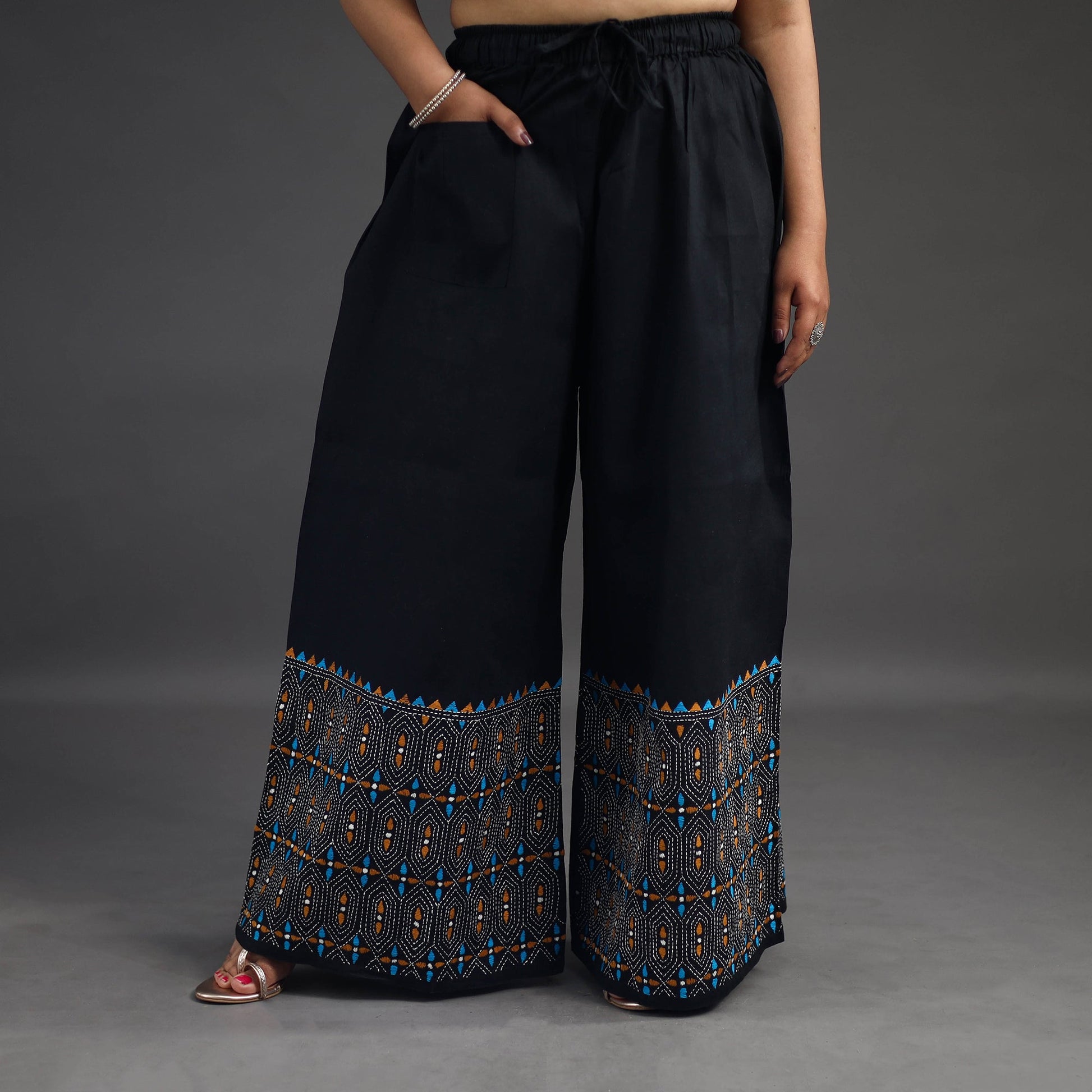 Black - Kantha Hand Embroidery Palazzo in Cotton 09