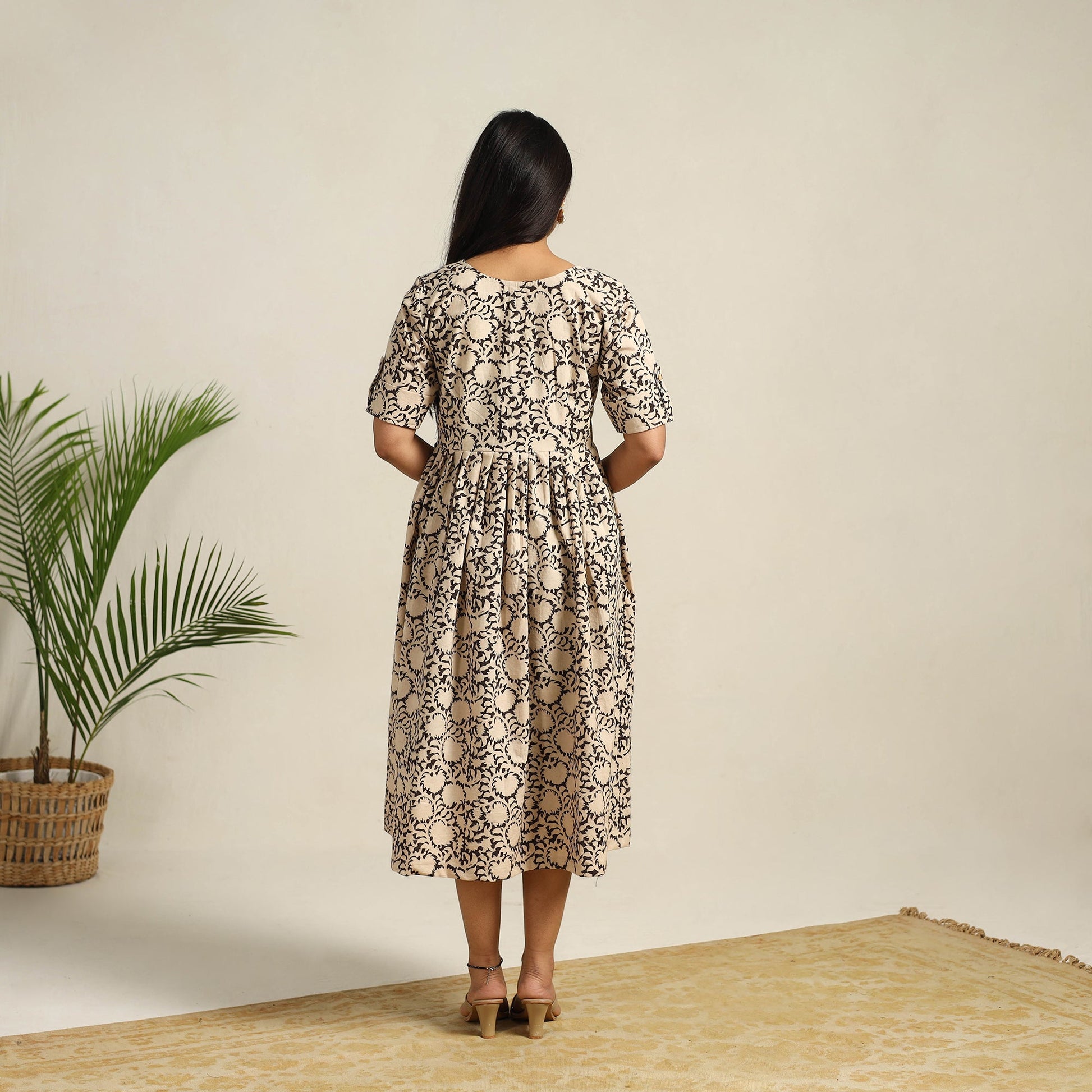 Beige - Pedana Block Print Cotton Flared Kalamkari Dress 09
