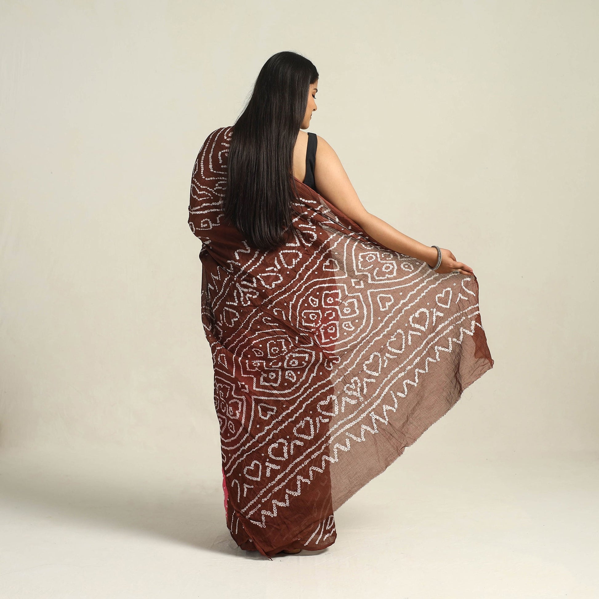 Brown - Kutch Bandhani Tie-Dye Cotton Saree with Blouse Piece