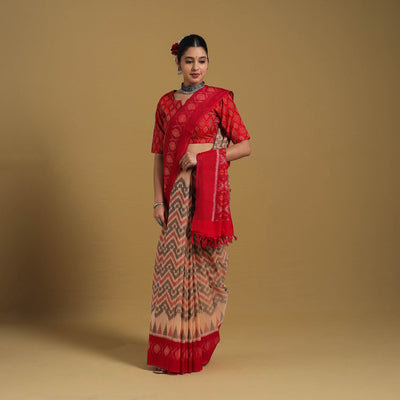 Beige - Telia Rumal Handloom Cotton Pochampally Double Ikat Saree 05