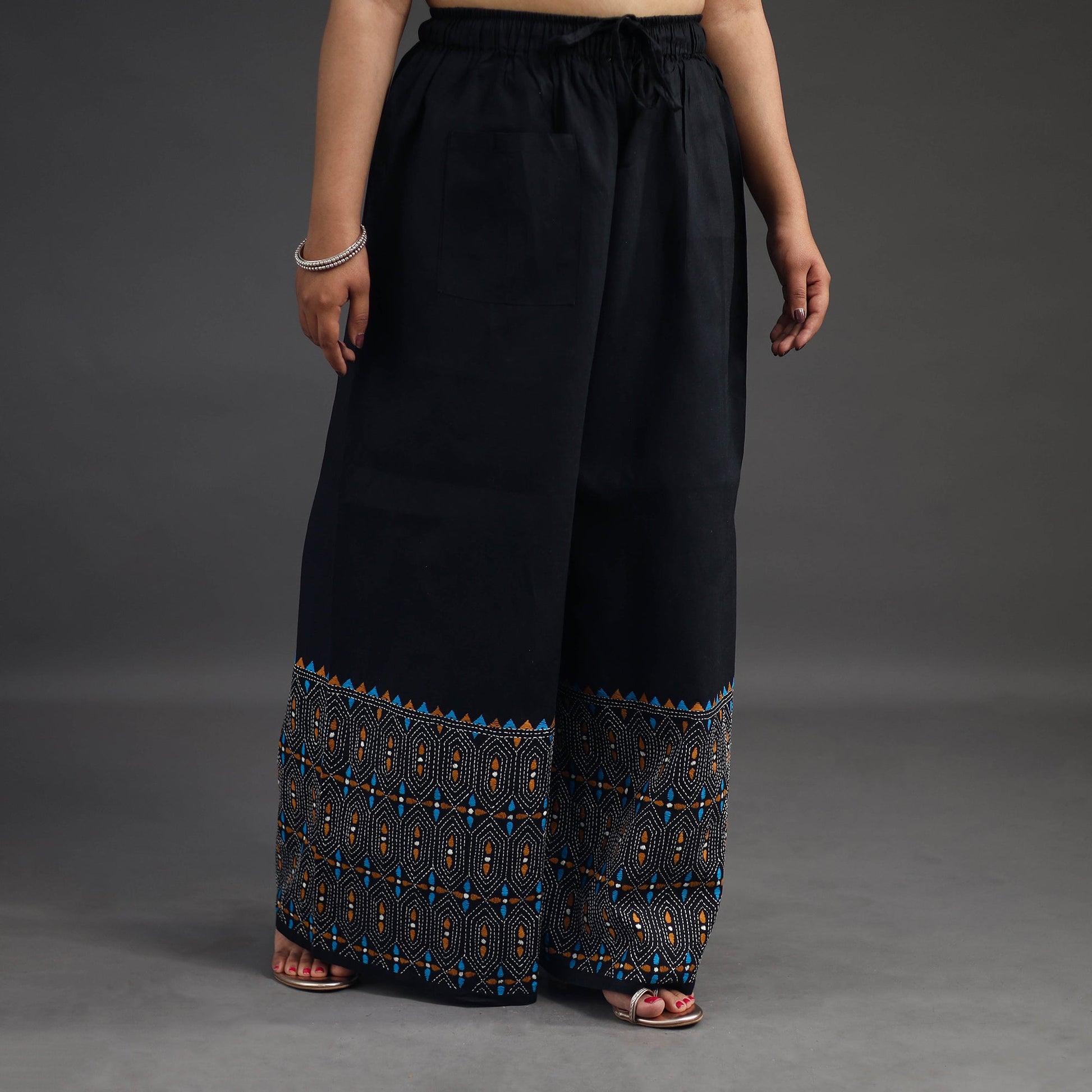 Black - Kantha Hand Embroidery Palazzo in Cotton 09