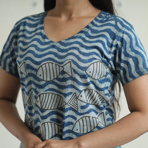 Blue - Bindaas Block Art Printed Cotton Women V Neck T-shirt 12
