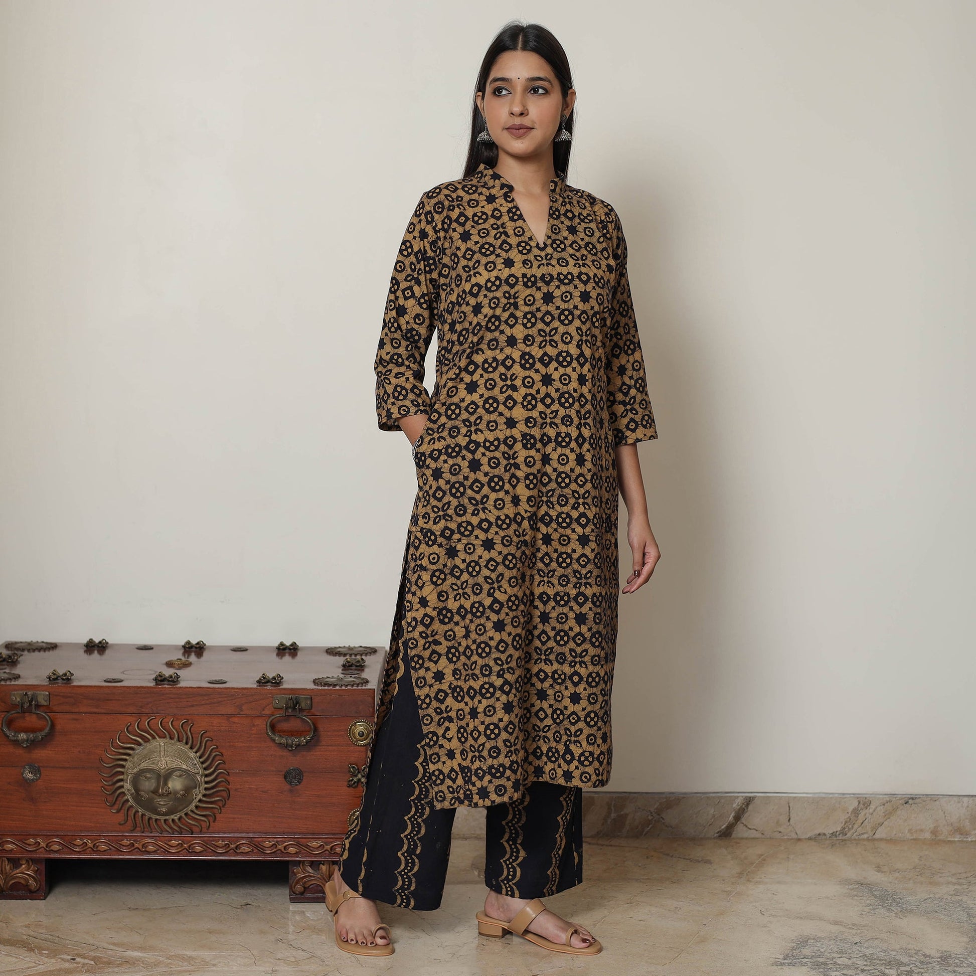 Brown - Hand Batik Printed Cotton Kurta with Palazzo & Dupatta Set 12