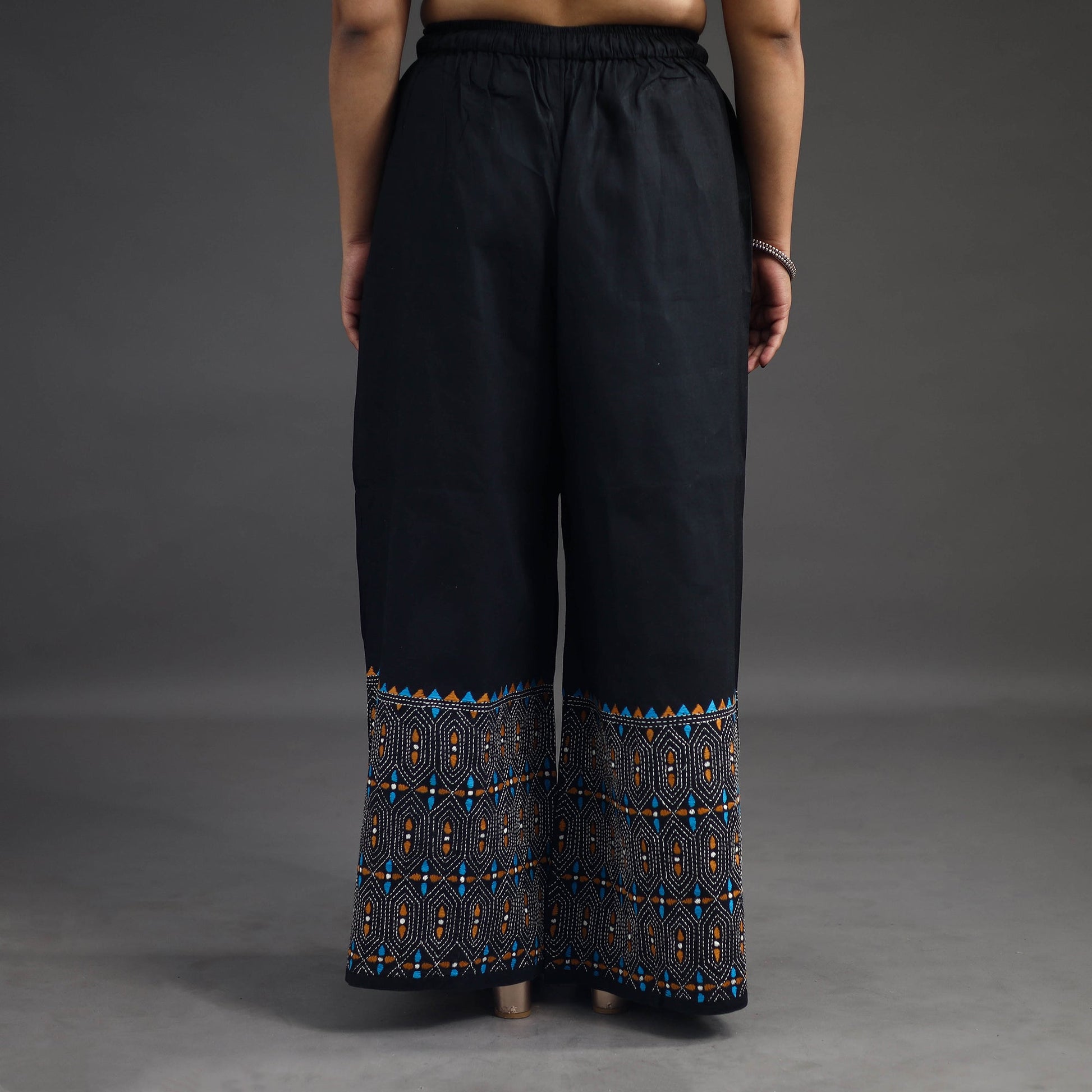 Black - Kantha Hand Embroidery Palazzo in Cotton 09