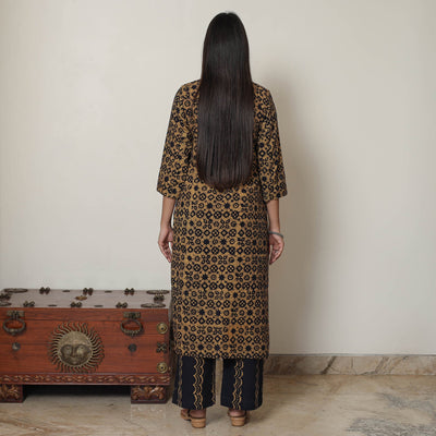 Brown - Hand Batik Printed Cotton Kurta with Palazzo & Dupatta Set 12