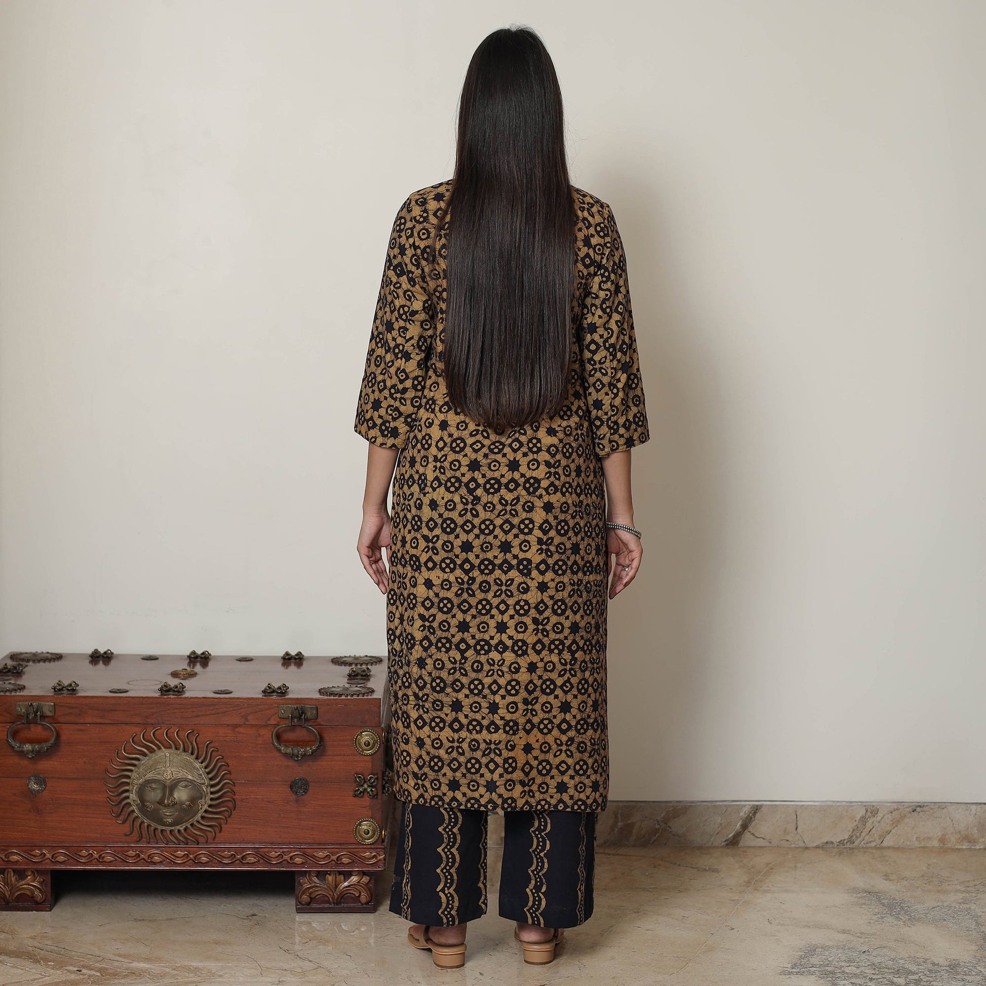 Brown - Hand Batik Printed Cotton Kurta with Palazzo & Dupatta Set 12