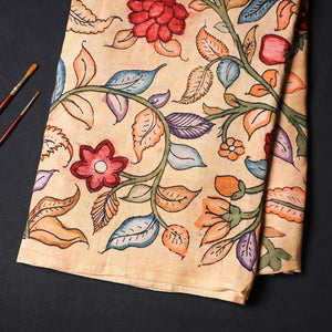 Beige - Srikalahasti Pen Work Chanderi Silk Kalamkari Fabric 14