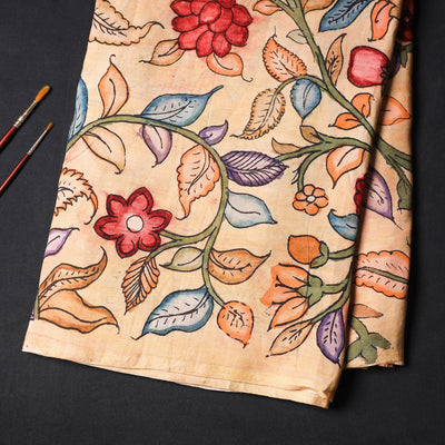 Beige - Srikalahasti Pen Work Chanderi Silk Kalamkari Fabric 14