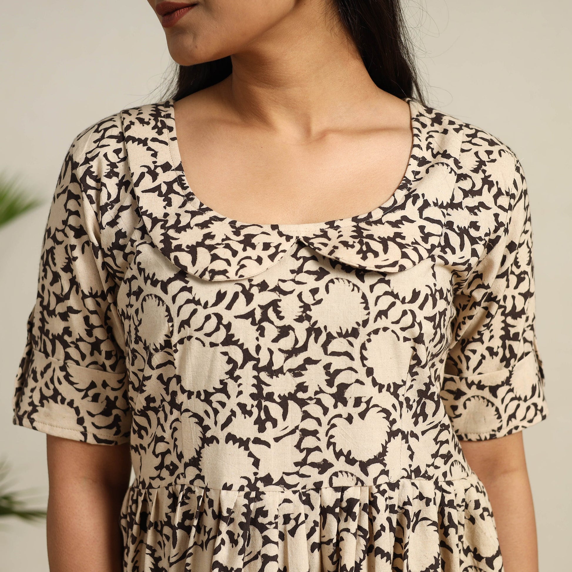Beige - Pedana Block Print Cotton Flared Kalamkari Dress 09