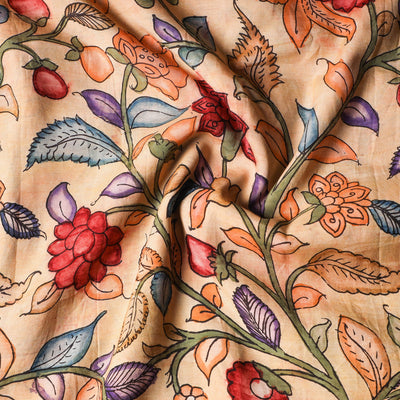 Beige - Srikalahasti Pen Work Chanderi Silk Kalamkari Fabric 14