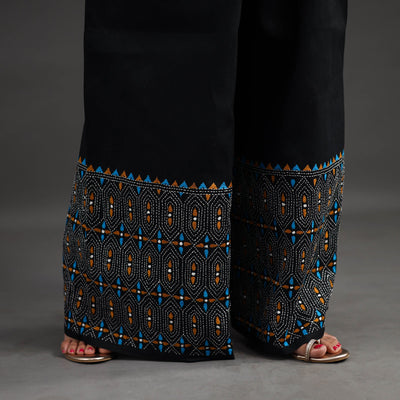 Black - Kantha Hand Embroidery Palazzo in Cotton 09