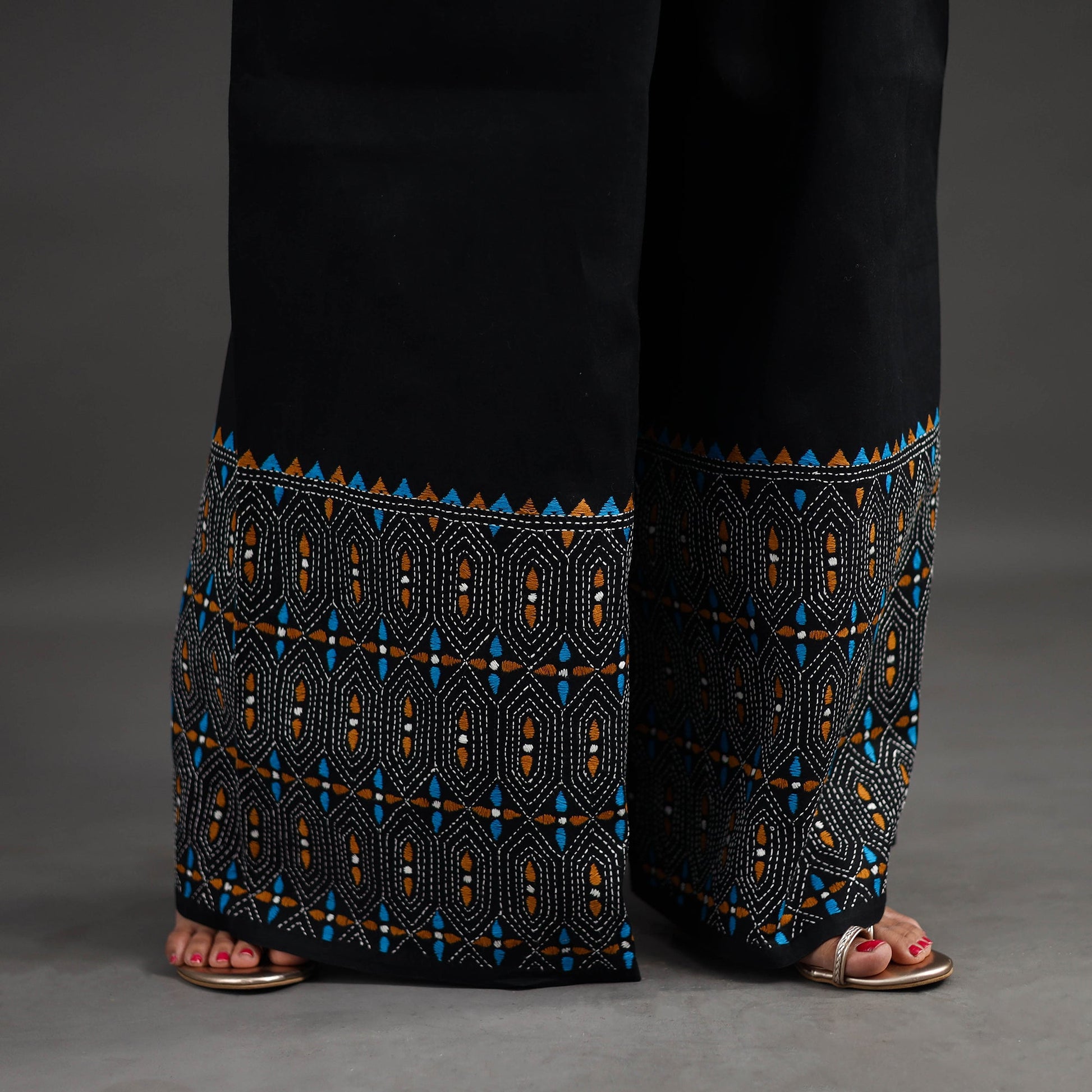 Black - Kantha Hand Embroidery Palazzo in Cotton 09