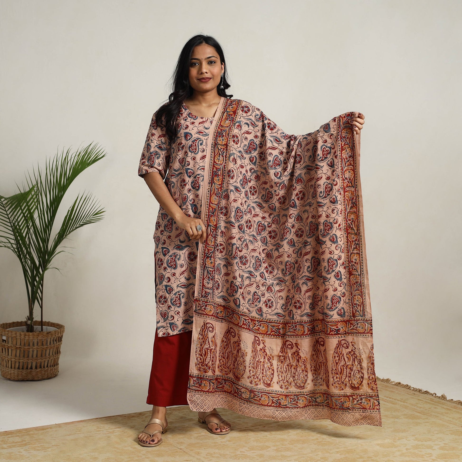 Beige - Block Printed Cotton Kalamkari Kurta Set 09