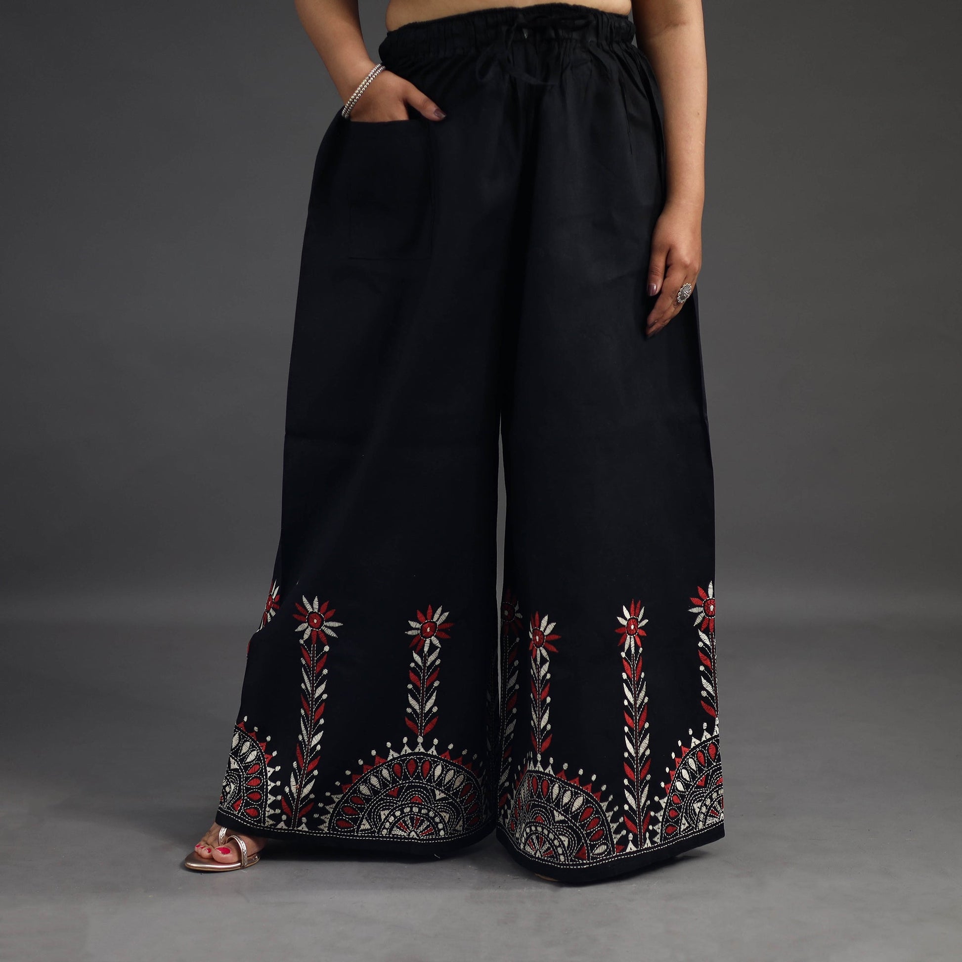 Black - Kantha Hand Embroidery Palazzo in Cotton 10