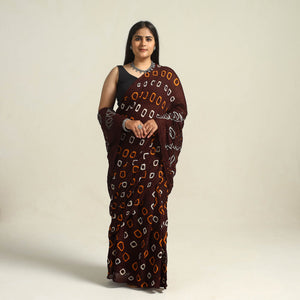 Brown - Kutch Bandhani Tie-Dye Cotton Saree with Blouse Piece