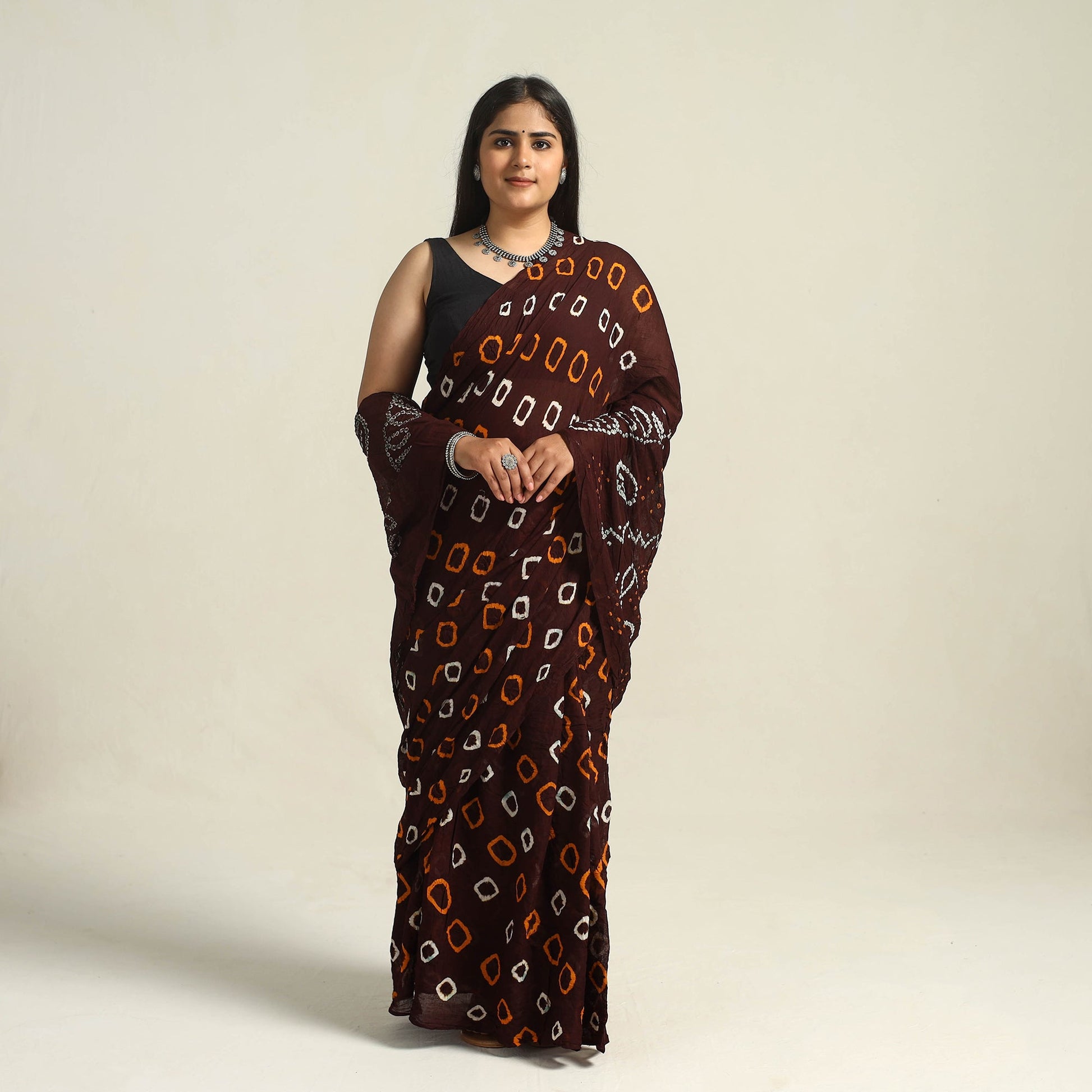 Brown - Kutch Bandhani Tie-Dye Cotton Saree with Blouse Piece