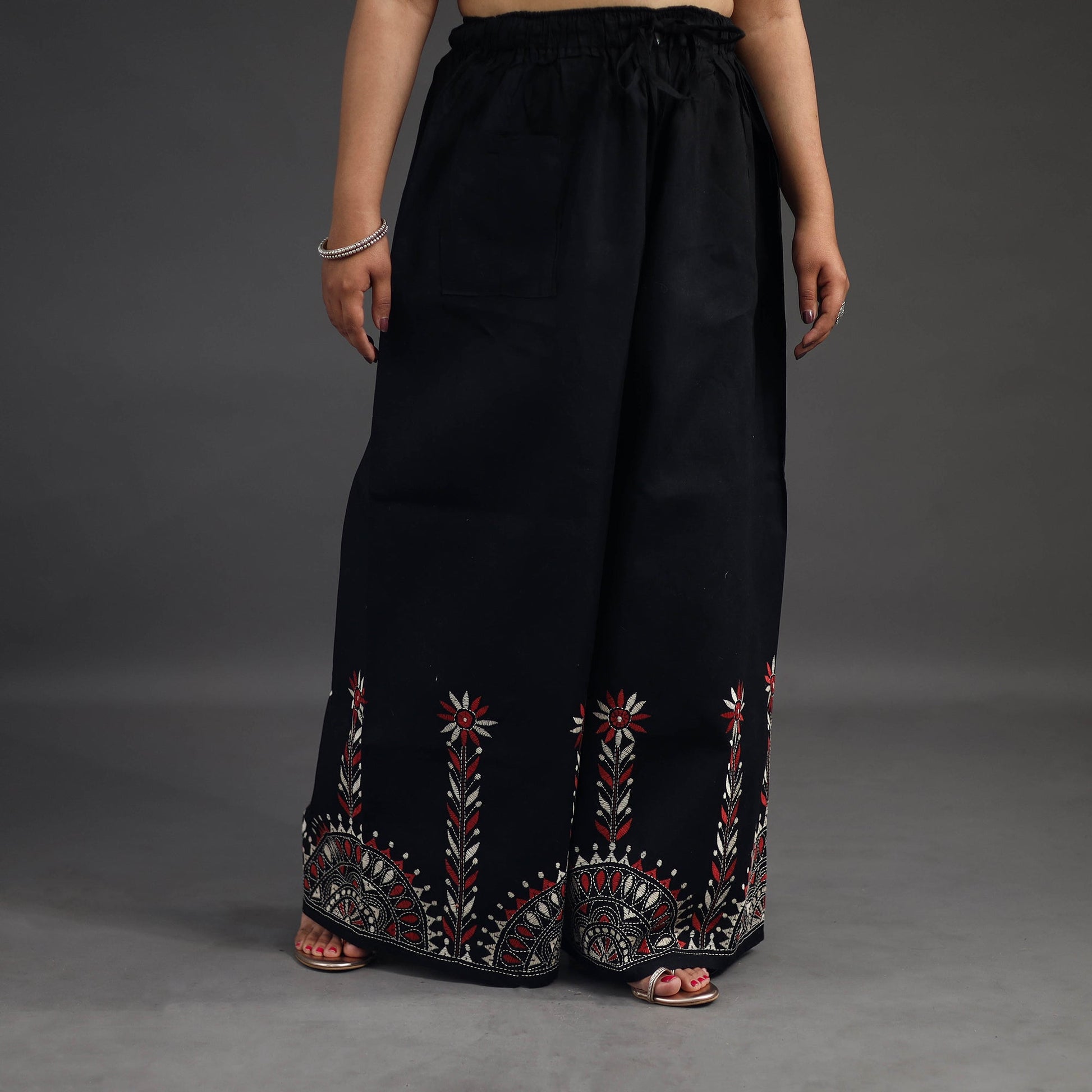 Black - Kantha Hand Embroidery Palazzo in Cotton 10
