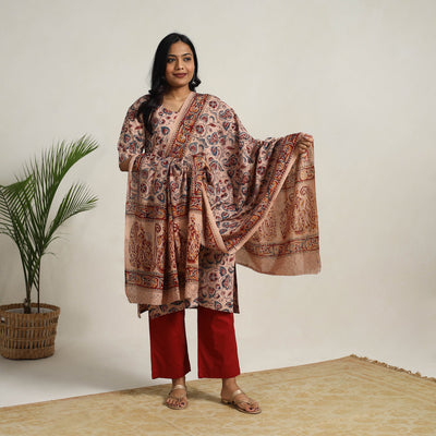Beige - Block Printed Cotton Kalamkari Kurta Set 09